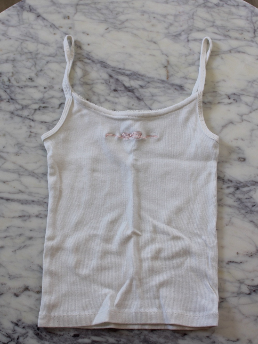 Aeropostale White Ribbed Spaghetti Strap Camisole with Pink Bow Embroidery